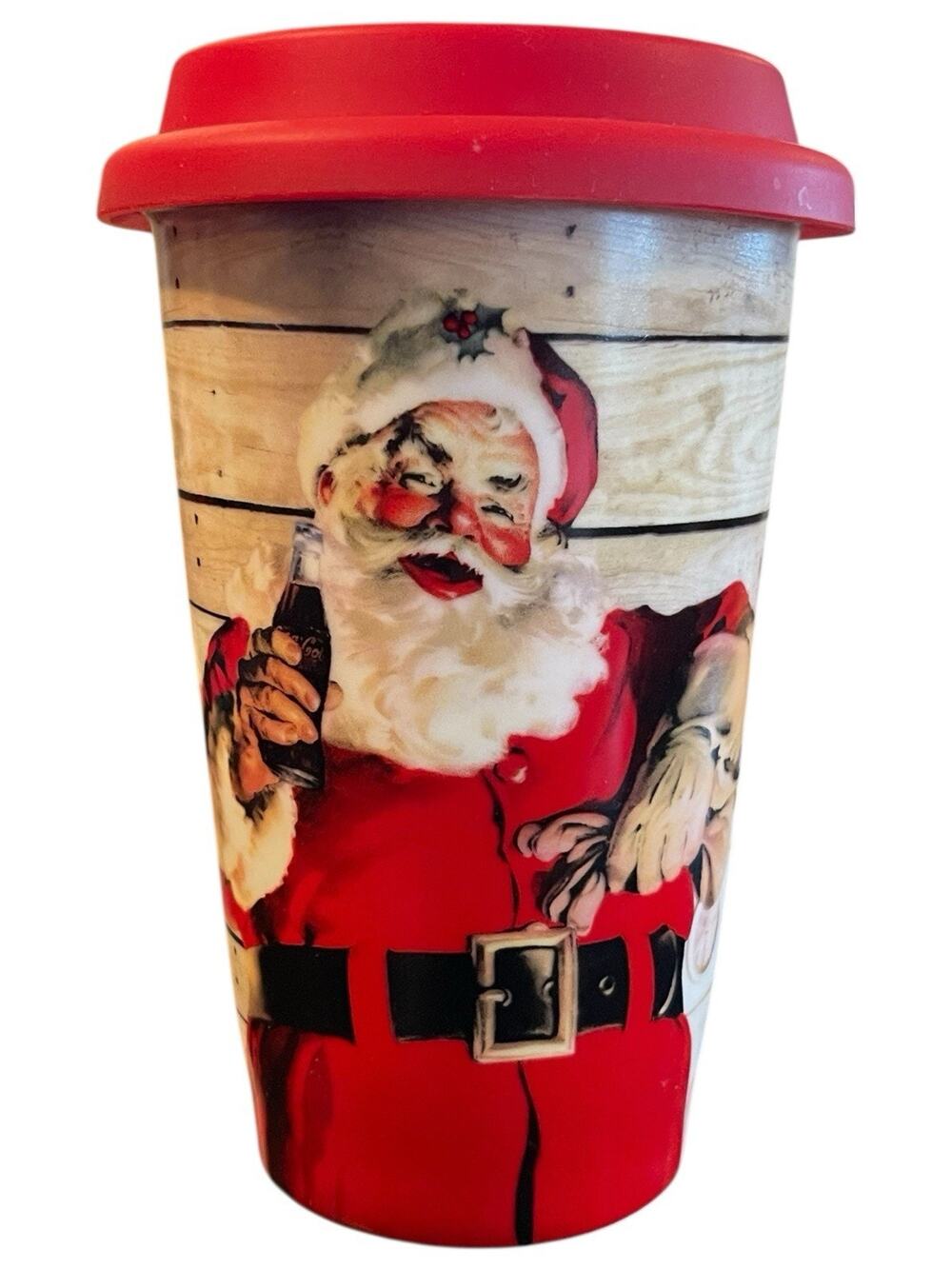 Coca Cola Ceramic Santa Travel Mug Markings Gibson Silicone Lid Holiday Santa